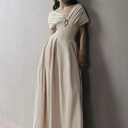 Puff Sleeve V-neck Pleated Swing Dress - Sophisticated Evening Party Attire