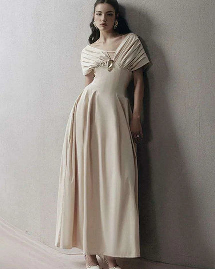 Puff Sleeve V-neck Pleated Swing Dress - Sophisticated Evening Party Attire