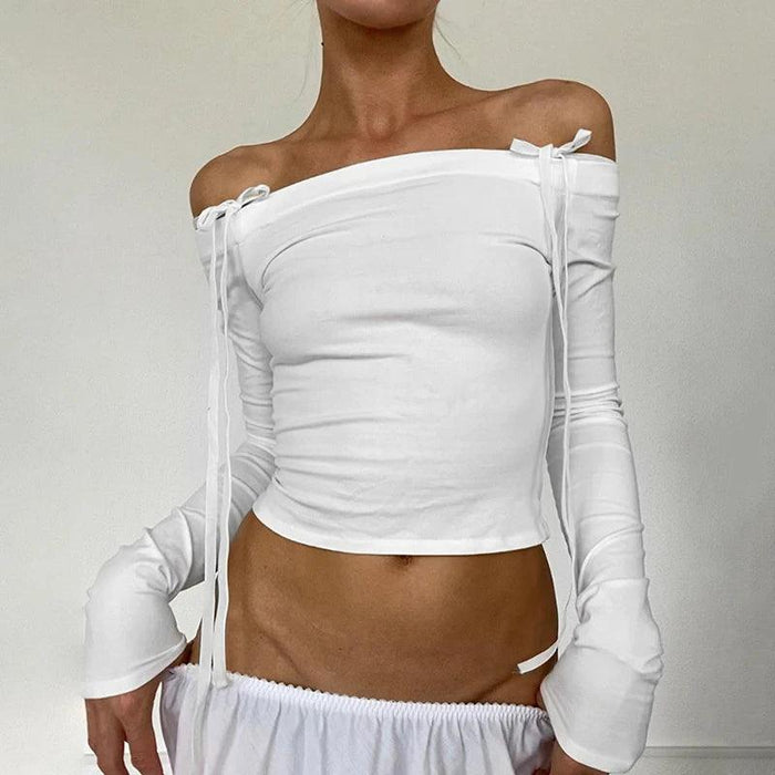 Graceful White Bow Detail Off-Shoulder Crop Tops