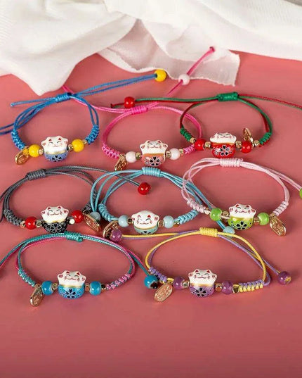 Vibrant Adjustable Lucky Cat Charm Bangles - Playful Rope Bracelets for Women and Girls, Ideal Gift for Prosperity