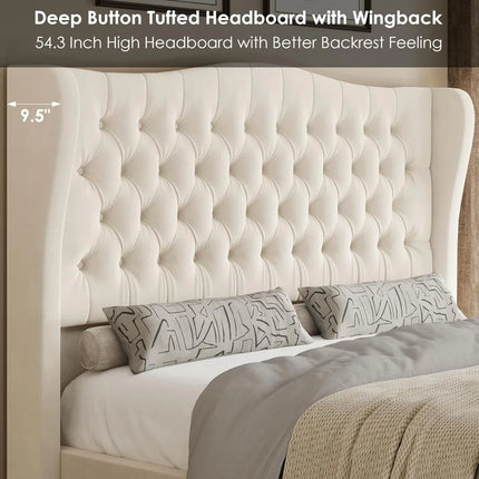 King Size 54.3" Tall Platform Bed Frame with Wingback Headboard, Velvet Upholstered, No Box Spring Needed, Beige king-size-54-3-tall-platform-bed-frame-with-wingback-headboard-velvet-upholstered-no-box-spring-needed-beige