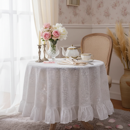 White Cotton Ruffled Lace Tablecloth