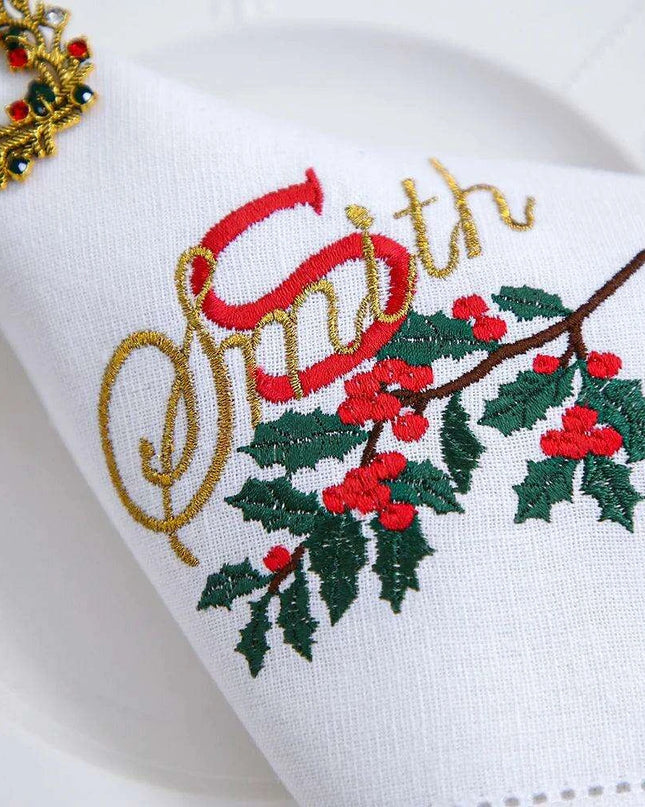 Custom Embroidered Festive Monogram Christmas Table Linen Collection