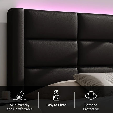 Queen Upholstered Bed Frame with LED Lights, Faux Leather, No Box Spring Needed, Black queen-upholstered-bed-frame-with-led-lights-faux-leather-no-box-spring-needed-black