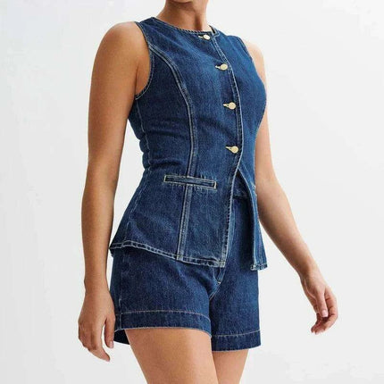 Women's Denim Two-Piece Set - Sleeveless O-Neck Top with High-Waist Shorts - Summer Office & Vacation Outfit 2024