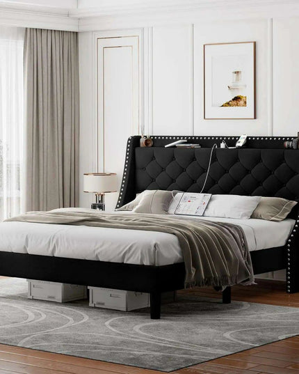 Luxurious Black Wingback Bed Frame with Smart Storage Headboard and Charging Ports