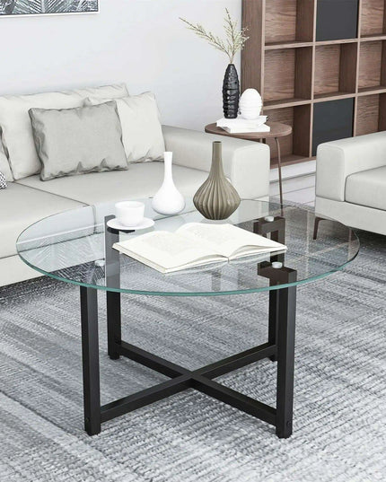 Modern Elegance Black Glass Coffee Table with Metal Framework and Additional Storage