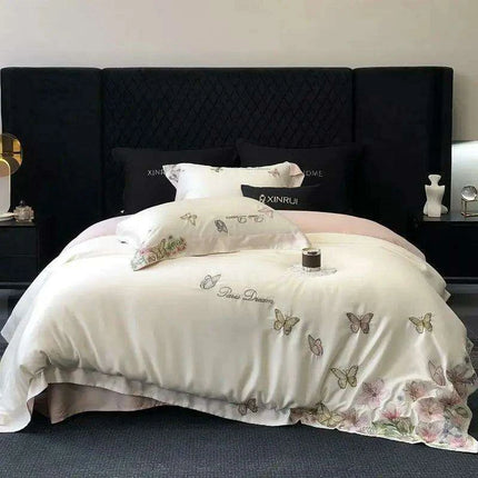 Luxury Butterfly Floral Embroidery Duvet Cover Set - Soft Lyocell Eucalyptus Fiber Bedding with Pillowcases and Flat Sheet