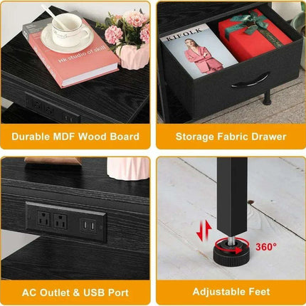 Modern Black Nightstand Set with USB Charging and Power Outlets - 2 Piece