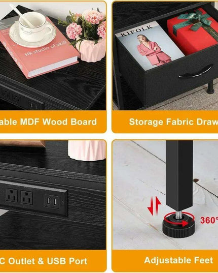 Modern Black Nightstand Set with USB Charging and Power Outlets - 2 Piece