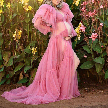 Chic Tulle Tranquility Maternity Robe: Ruffled Elegance with Layered Skirts