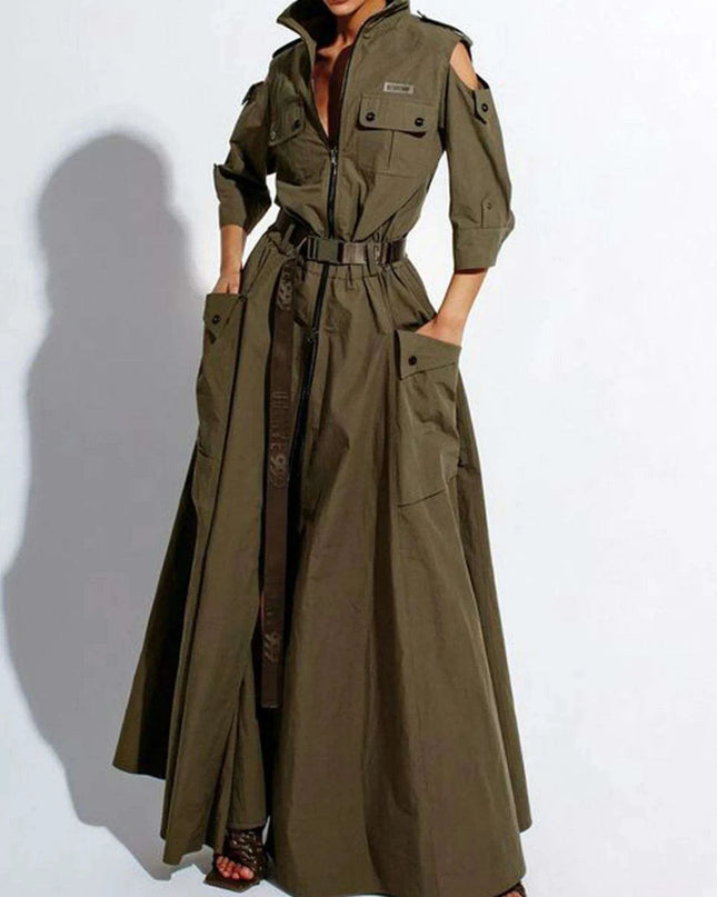 Elegant Retro Cold Shoulder Maxi Dress with Belt and Pockets