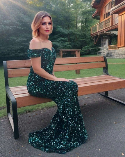 Glamorous Off-The-Shoulder Sequin Velvet Mermaid Evening Gown - Luxurious Long Dress for Women in Vibrant Red