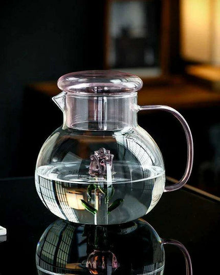 Elegant Rose Floral Glass Cold Brew Teapot - Stylish and Heat-Resistant Design with Ergonomic Handle for Entertaining