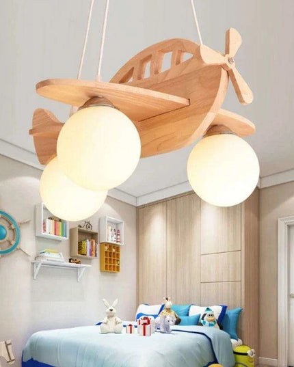 Whimsical Airplane LED Chandelier for Kids' Rooms - Playful Wooden Pendant Light