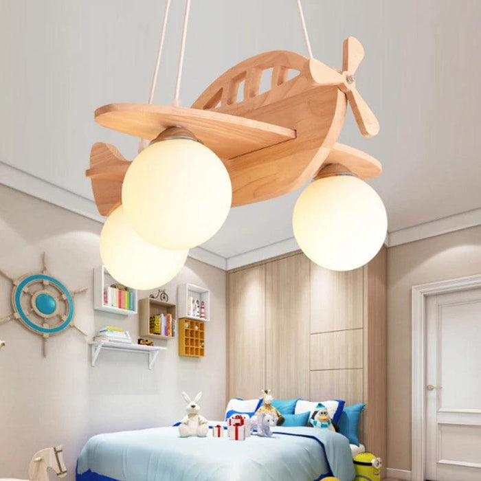 Wood Airplane Chandelier for Kids' Bedroom - LED Pendant Lamp