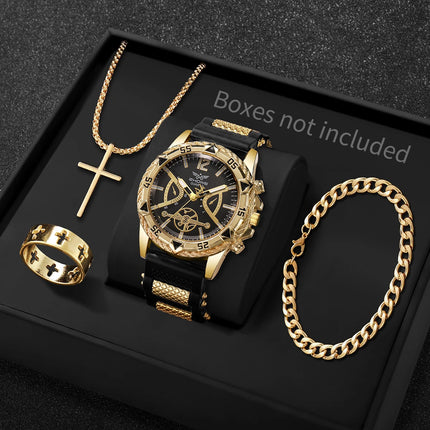 Men’s Arabic Dial Quartz Watch & Accessory Set — 4-Piece Gift Set