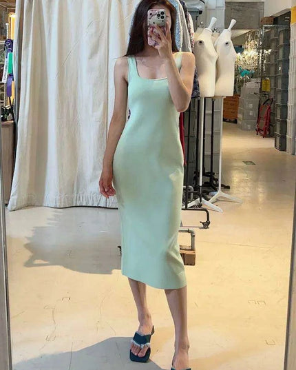 Elegant Midi Dress with Square Neck - Stylish Viscose Stretch