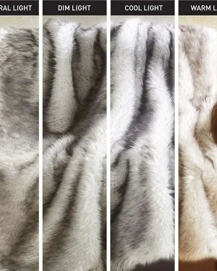 Grey Faux Fur Wolf Throw Blanket - Elegant Oversized Animal Print Plush Blanket