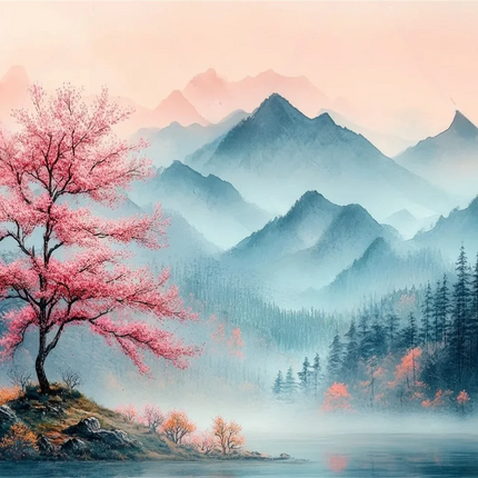 Mountain Lake Cherry Blossom 3D Mural Wallpaper