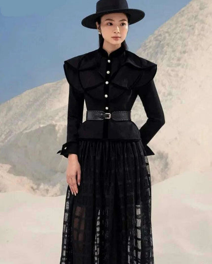 Chic Black Coat and Tulle Skirt Set with Floral Detail for Women - Fall 2024 Collection 13DB1739