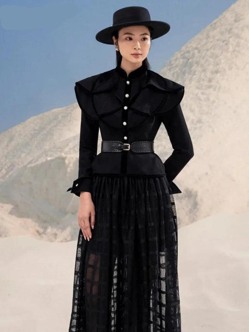 Chic Black Coat and Tulle Skirt Set with Floral Detail for Women - Fall 2024 Collection 13DB1739