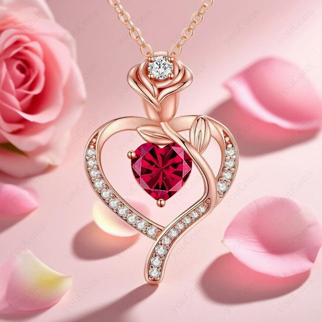 Tiffmet Rose Zircon Heart Pendant Necklace - Elegant Gift for Her