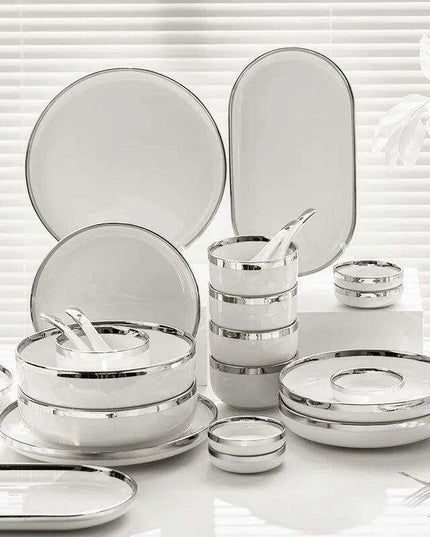 Sophisticated Elegance: White Ceramic Dinnerware Set with Silver Trim