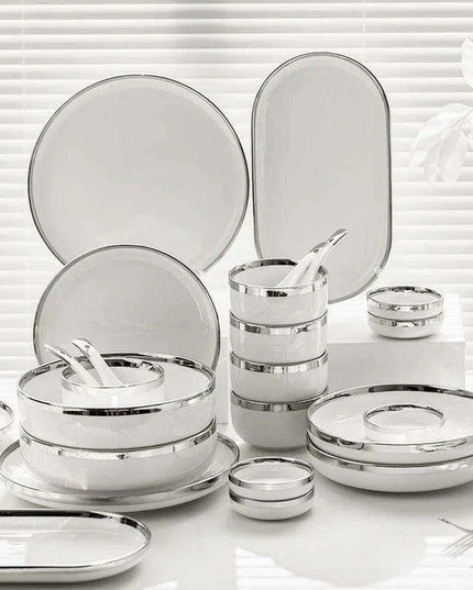 Sophisticated White Porcelain Dinnerware Collection with Silver Detailing for Elegant Home and Hotel Dining