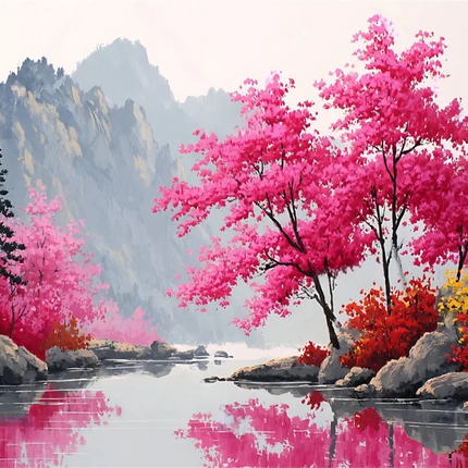 Mountain Lake Cherry Blossom 3D Mural Wallpaper