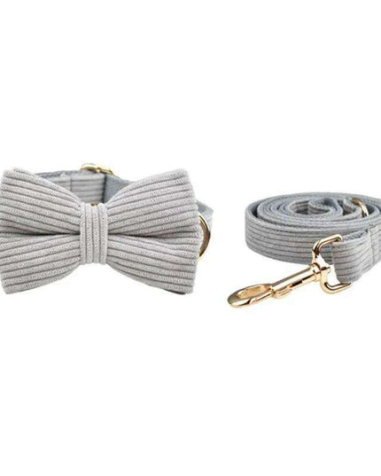 Personalized Light Grey Corduroy Dog Collar and Leash Set with Stylish Accessories