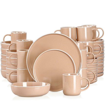 Apricot Elegance: Sesame Glazed Stoneware Dinnerware Set - 16/32/48 Piece Collection of Plates, Bowls, and Mugs
