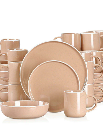 Apricot Elegance: Sesame Glazed Stoneware Dinnerware Set - 16/32/48 Piece Collection of Plates, Bowls, and Mugs