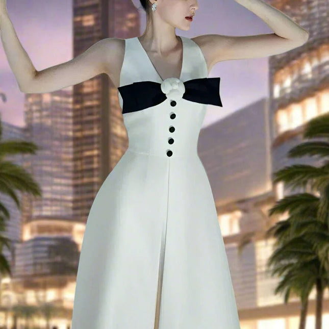 Chic Floral Satin V-neck A-line Dress with Bowknot for Women