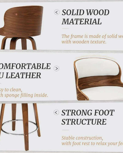 Elegant Mid-Century Walnut Swivel Counter Stools with Faux Leather Seat - 26 Inch Height