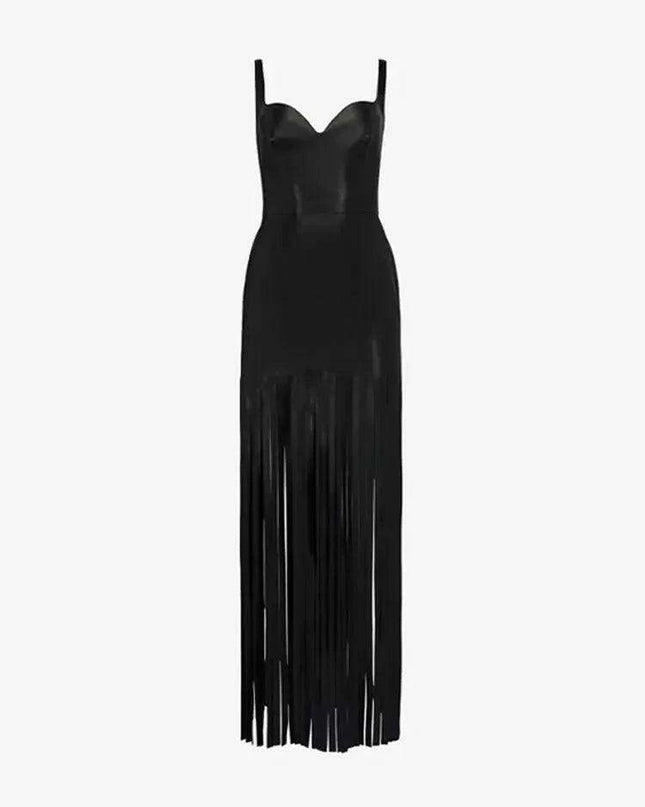 Sleek Black Tassel Patchwork Bodycon Dress - Elegant Backless Gown for Women