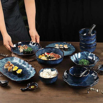 Elegant Nordic Blue Stoneware Dining Set - Safe for Microwave and Dishwasher