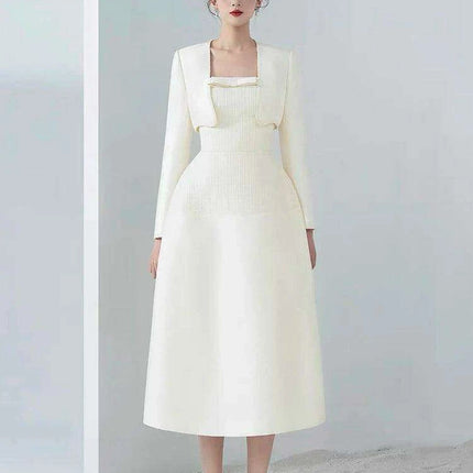 Chic 2-Piece Elegant Dress Set with Bowknot High Waist and Short Coat for Summer 2024