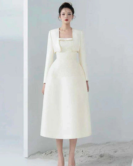 Chic 2-Piece Elegant Dress Set with Bowknot High Waist and Short Coat for Summer 2024