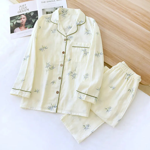 Fresh 100% cotton womans pajamas set spring summer Double gauze thin casual long-sleeve homewear sleep wear