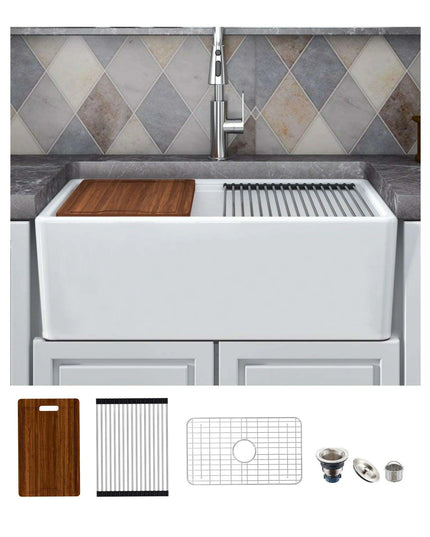 Chic Farmhouse Kitchen Sink Ensemble with Essential Accessories - Includes Cutting Board, Grid & Strainer