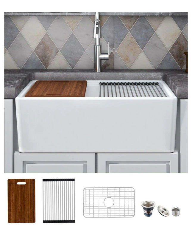 Chic Farmhouse Kitchen Sink Ensemble with Essential Accessories - Includes Cutting Board, Grid & Strainer