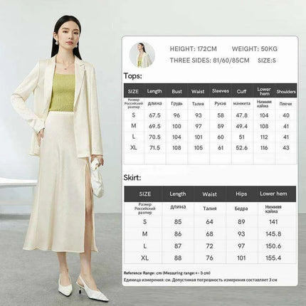 Chic Women's Satin Blazer and A-line Midi Skirt Ensemble for Autumn