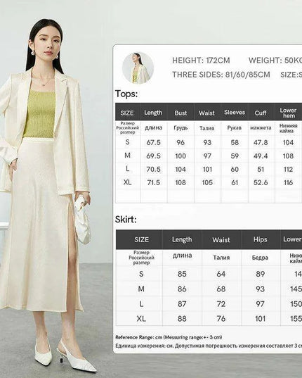 Chic Women's Satin Blazer and A-line Midi Skirt Ensemble for Autumn