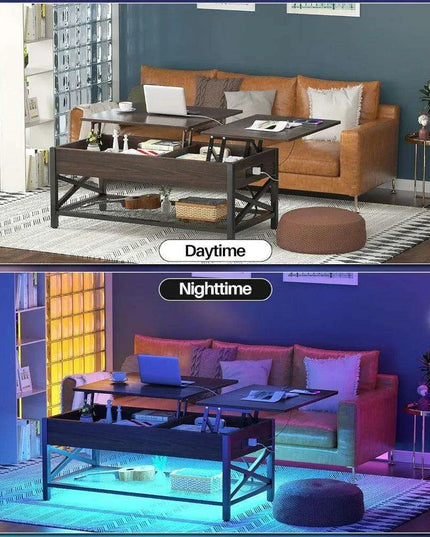 Modern Lift-Top Coffee Table with LED Lighting, USB Ports, and Smart Storage Solutions