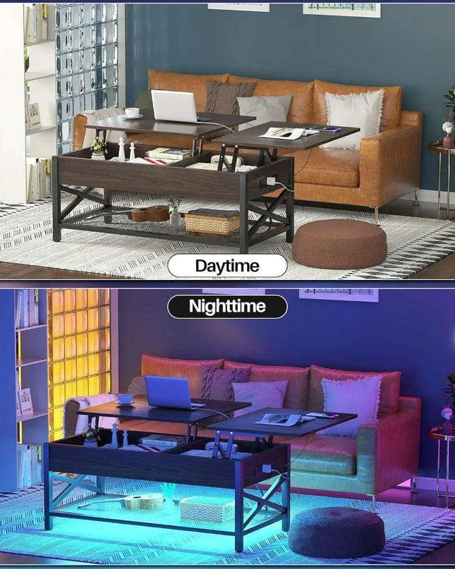 Modern Lift-Top Coffee Table with LED Lighting, USB Ports, and Smart Storage Solutions