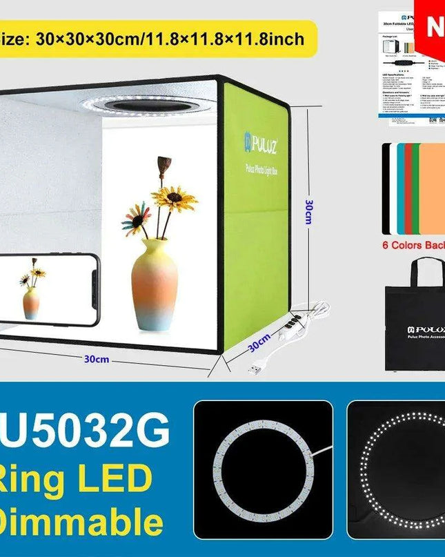 30CM PULUZ Adjustable LED Light Box Photography Kit with Six Color Backdrops - Portable Softbox for Product and Portrait Shots