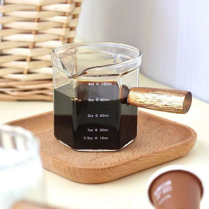 Borosilicate Glass Milk Cup Set with Wooden Handle and Measuring Tools for Espresso and Baking