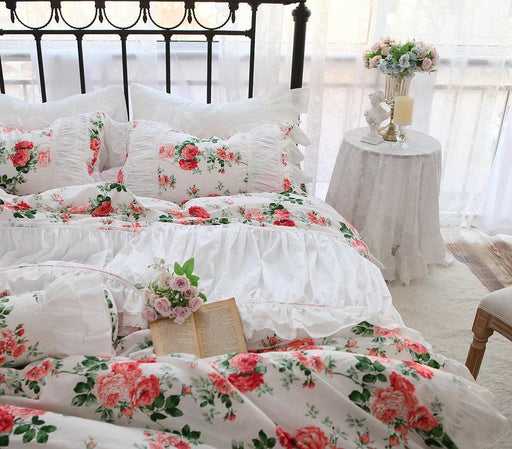 Korean Elegance Red Rose Floral Bedding Collection