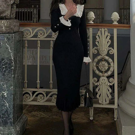 Elegant Vintage Ruffled Knit Maxi Dress - Long Sleeve Gown for Celebrations and Gatherings